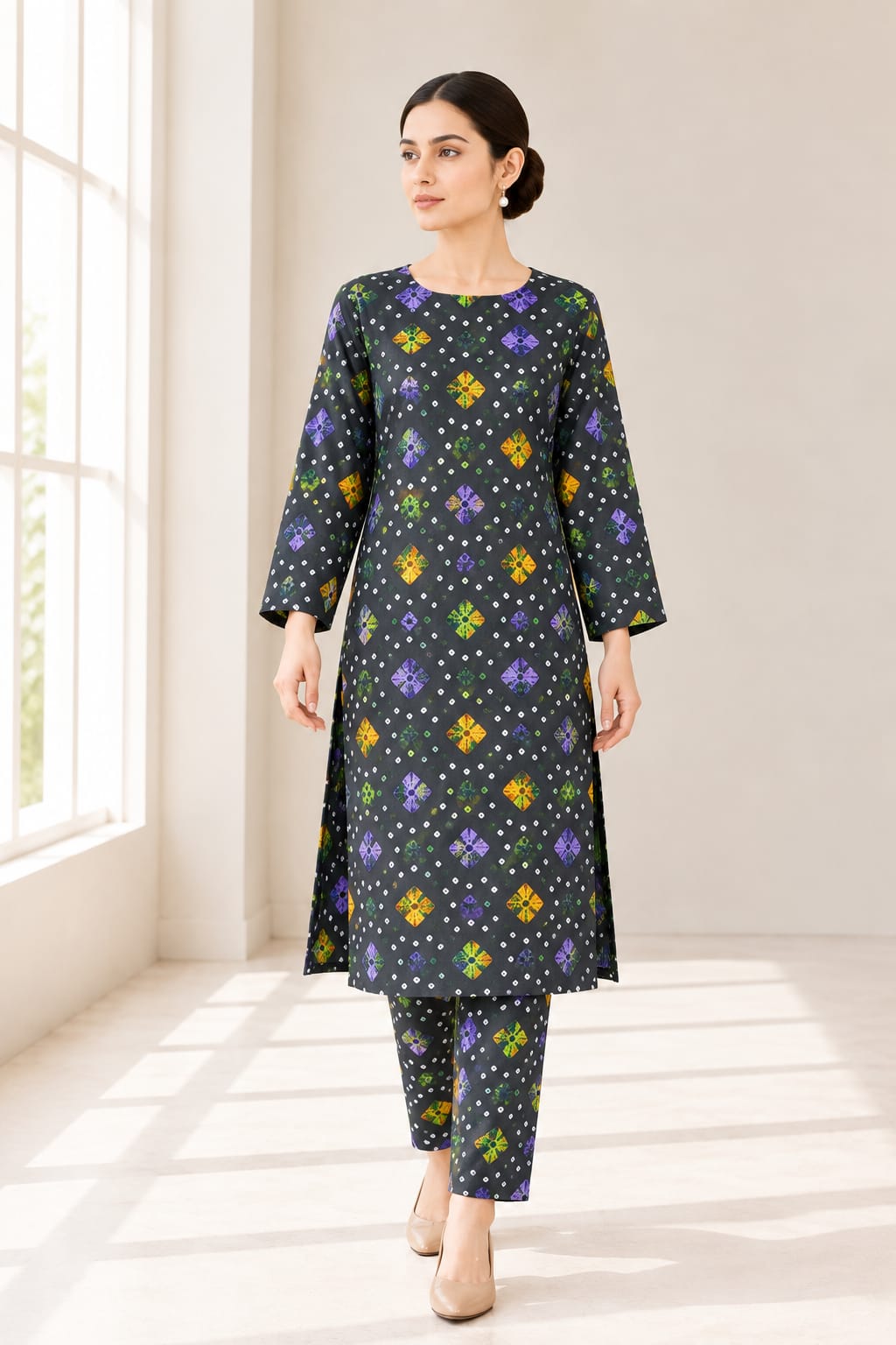 Charcoal Bandhani Diamond Print Stitched 2-Piece Suit