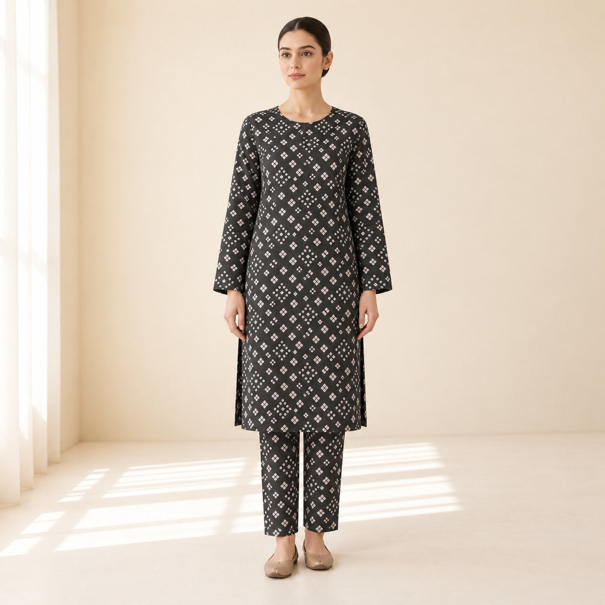 Black & Beige Geometric Printed 2-Piece Unstitched Lawn Suit (6 meters unstitched fabric)