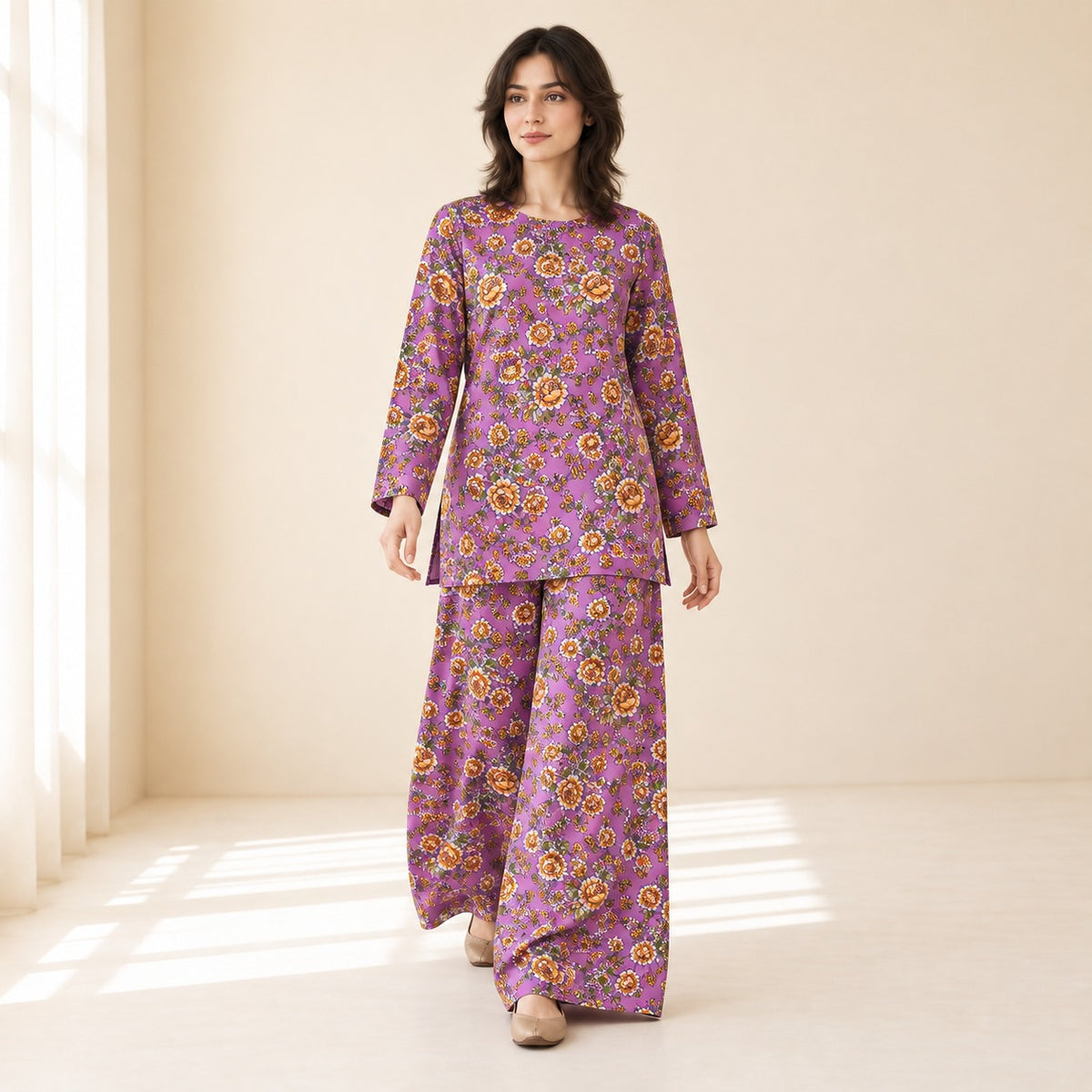 Purple & Mustard Floral Printed 2-Piece Unstitched Lawn Suit (6 meters unstitched fabric)