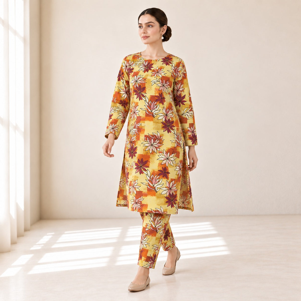 Mustard Yellow & Rust Floral Printed 2-Piece Unstitched Lawn Suit (6 meters unstitched fabric)