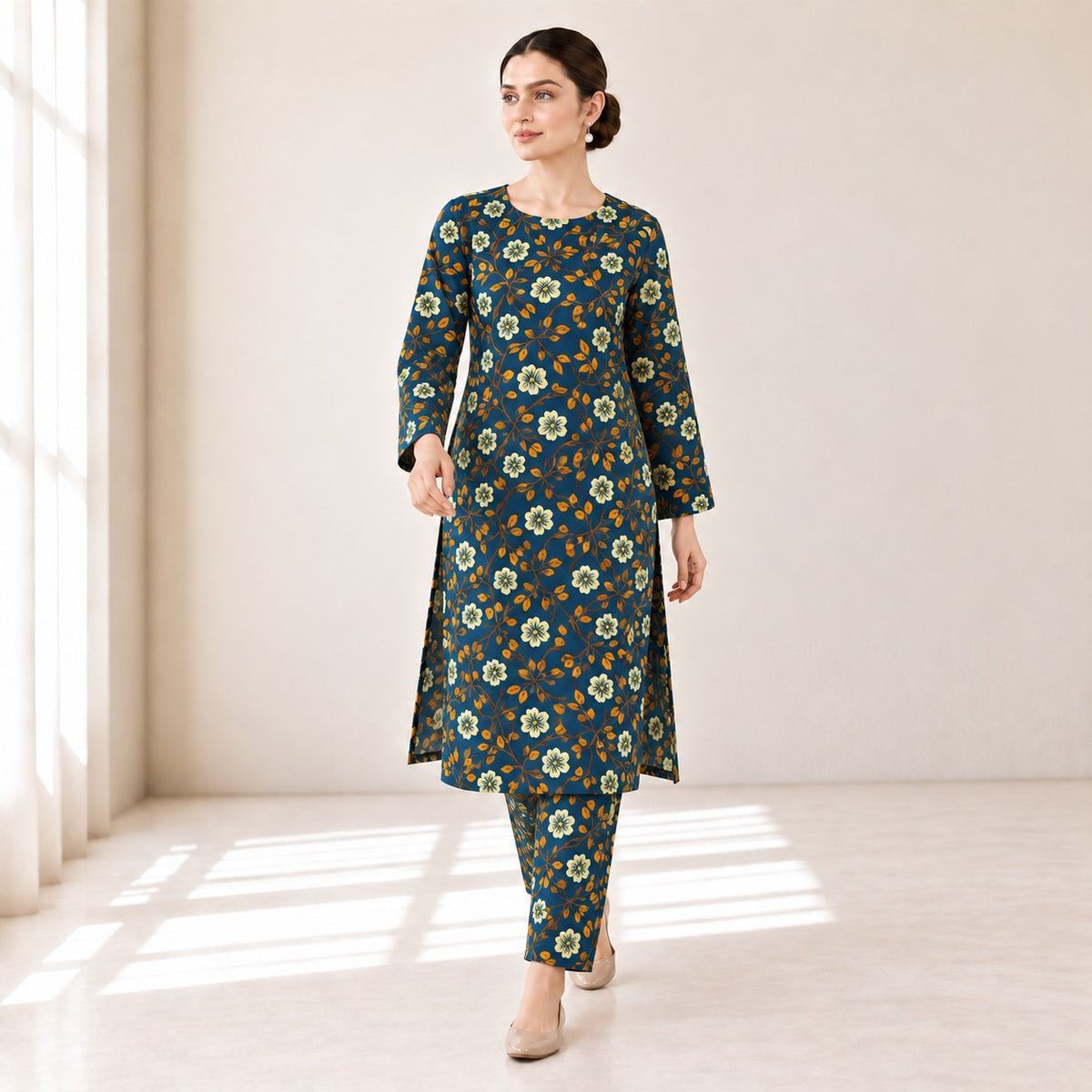 Teal Blue & Mustard Floral Printed 2-Piece Unstitched Lawn Suit (6 meters unstitched fabric)