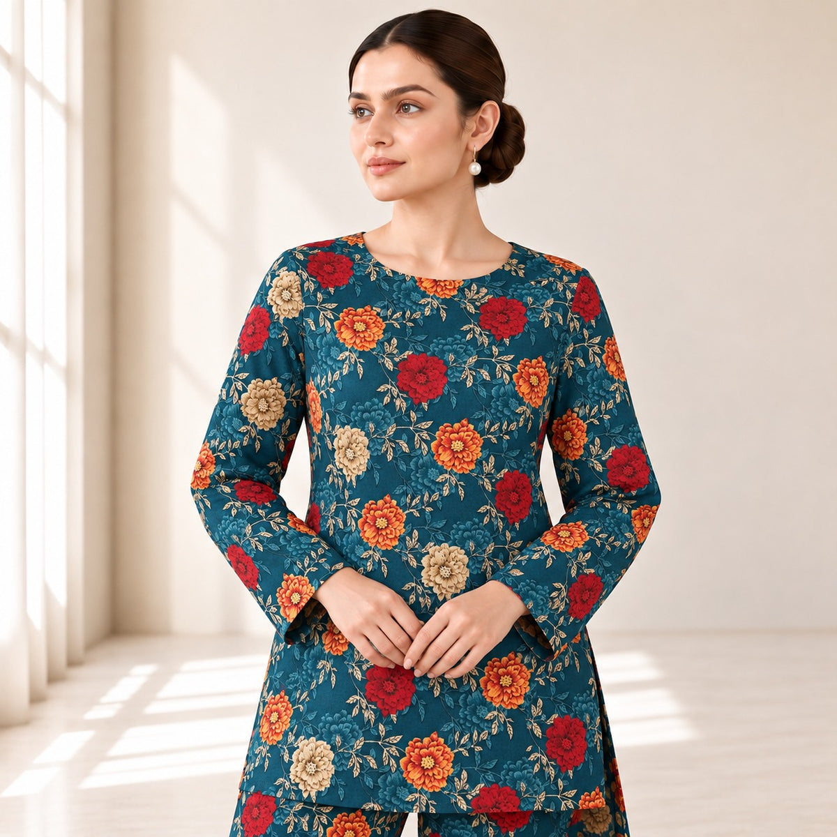 Teal Blue & Red Floral Printed 2-Piece Unstitched Lawn Suit (6 meters unstitched fabric)