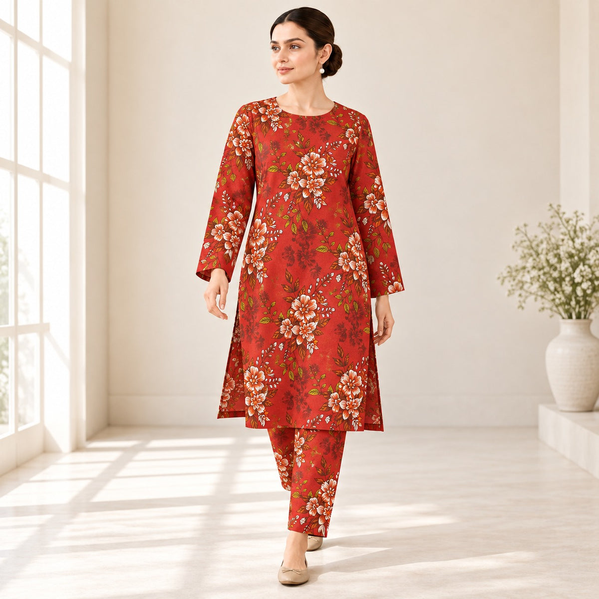 Crimson Red & Cream Floral Printed 2-Piece Unstitched Lawn Suit (6 meters unstitched fabric)