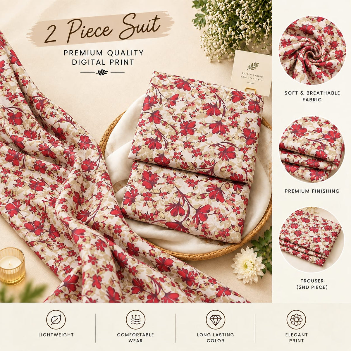 Cream & Burgundy Floral Printed 2-Piece Unstitched Lawn Suit (6 meters unstitched fabric)