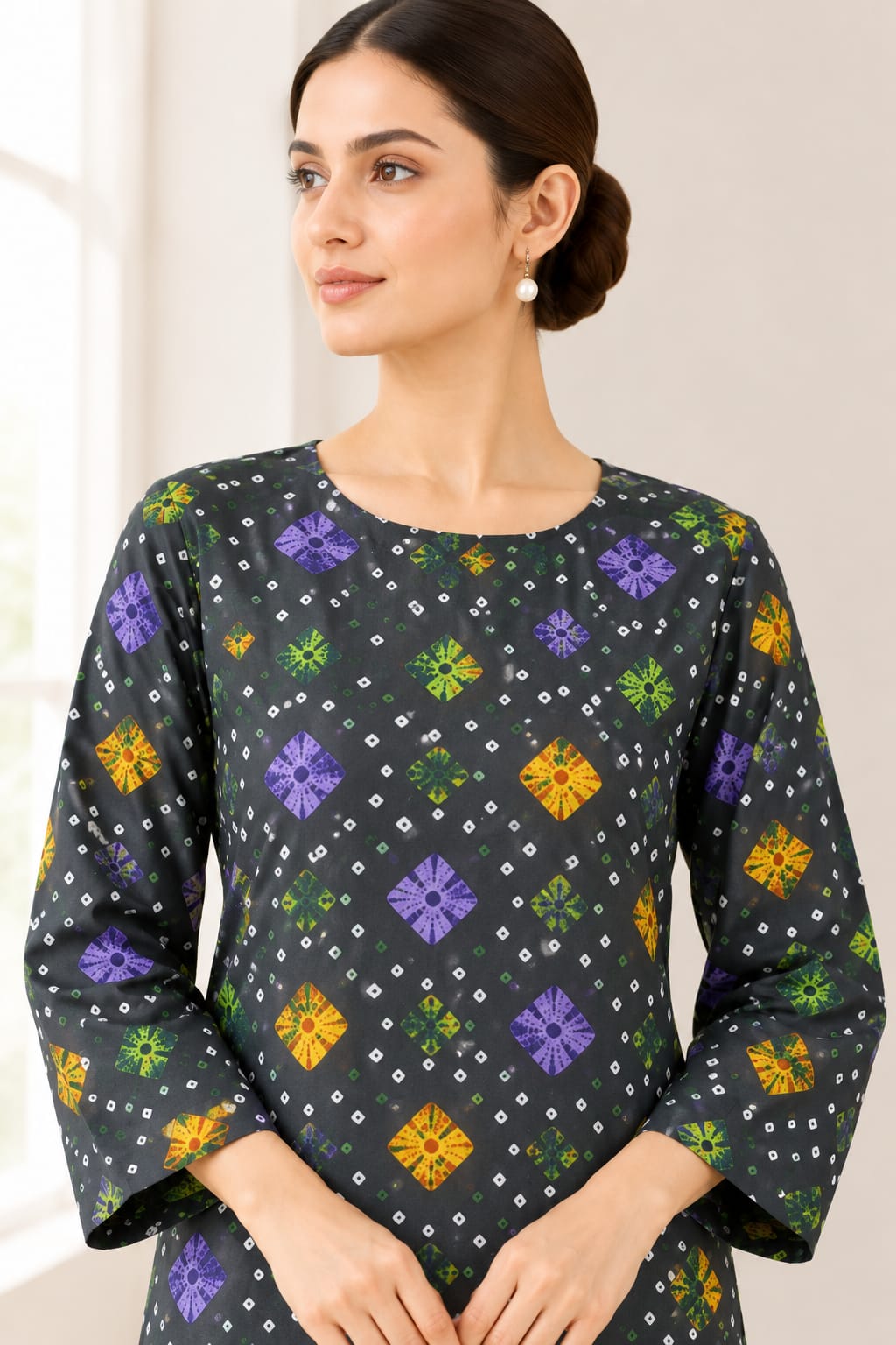 Charcoal Bandhani Diamond Print Stitched 2-Piece Suit (6 meters unstitched fabric)