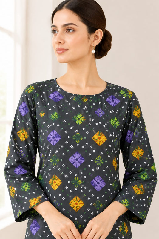 Charcoal Bandhani Diamond Print Stitched 2-Piece Suit (6 meters unstitched fabric)