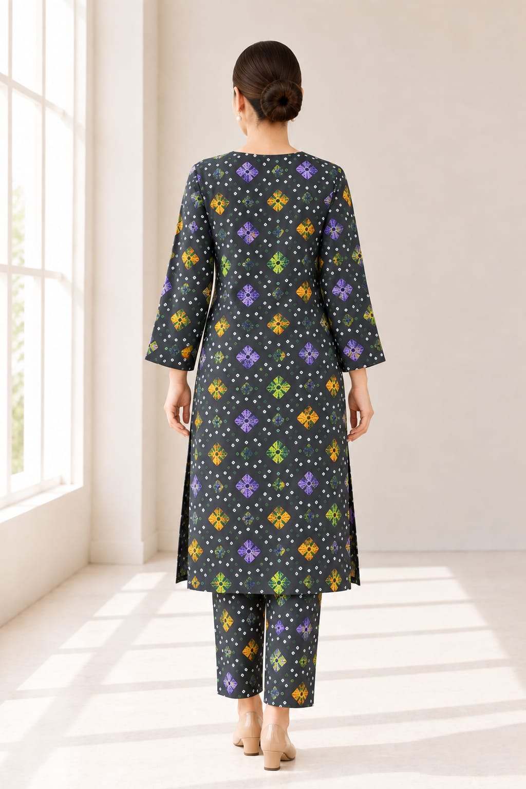 Charcoal Bandhani Diamond Print Stitched 2-Piece Suit (6 meters unstitched fabric)