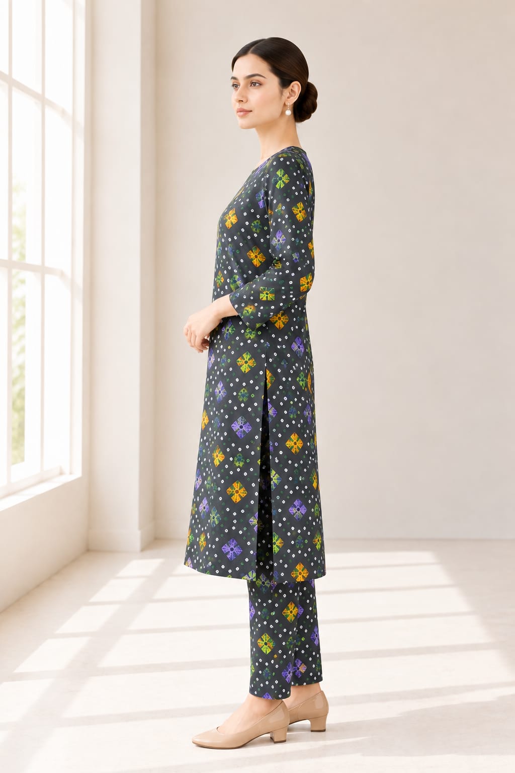 Charcoal Bandhani Diamond Print Stitched 2-Piece Suit (6 meters unstitched fabric)