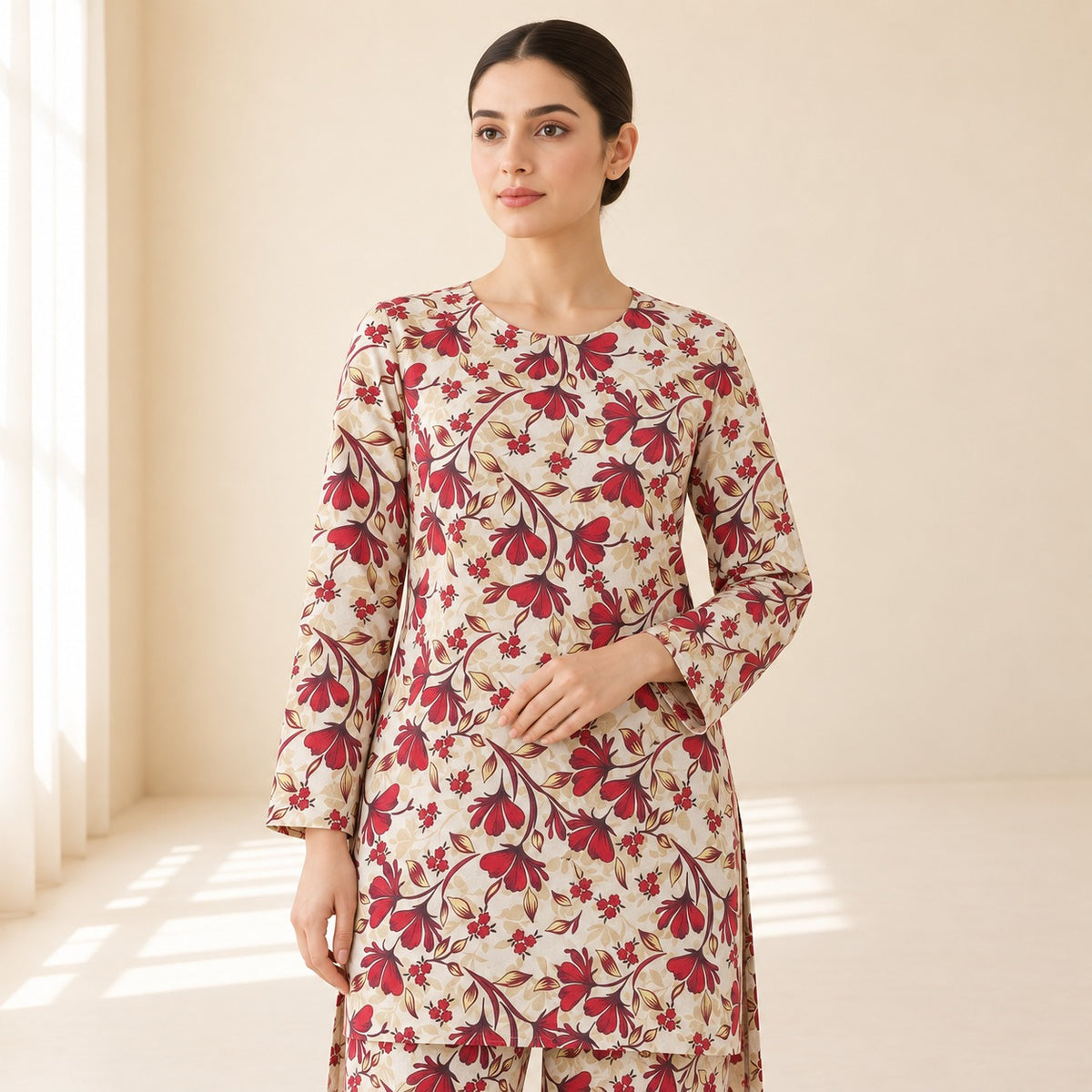 Cream & Burgundy Floral Printed 2-Piece Unstitched Lawn Suit (6 meters unstitched fabric)