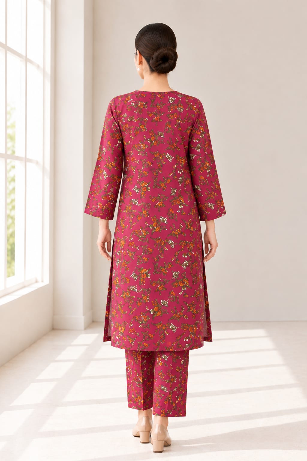 Magenta Rose Floral Print Stitched 2-Piece Suit (6 meters unstitched fabric)