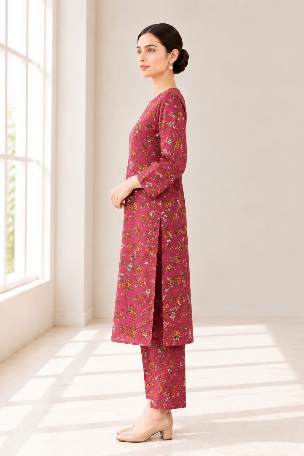 Magenta Rose Floral Print Stitched 2-Piece Suit (6 meters unstitched fabric)