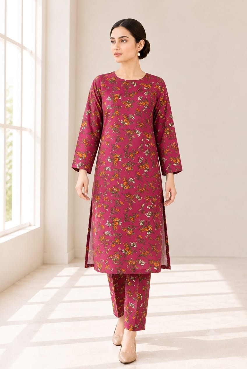 Magenta Rose Floral Print Stitched 2-Piece Suit (6 meters unstitched fabric)