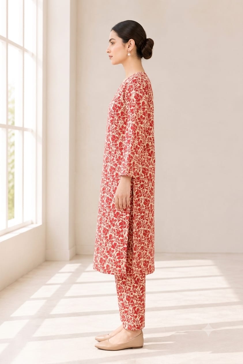 Crimson Red Floral Vine Print Stitched Kurti (6 meters unstitched fabric)