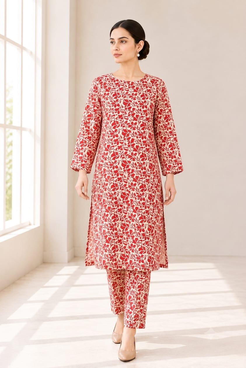 Crimson Red Floral Vine Print Stitched Kurti (6 meters unstitched fabric)