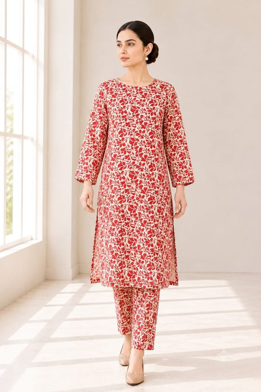 Crimson Red Floral Vine Print Stitched Kurti (6 meters unstitched fabric)