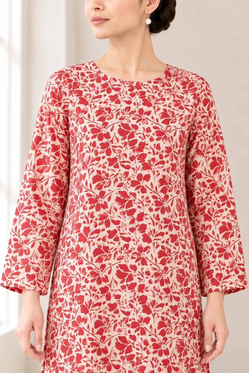 Crimson Red Floral Vine Print Stitched Kurti