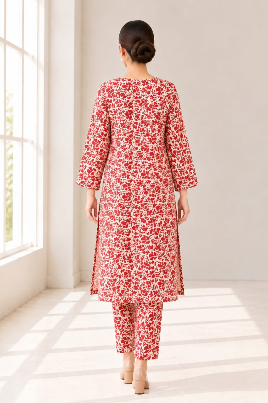 Crimson Red Floral Vine Print Stitched Kurti (6 meters unstitched fabric)
