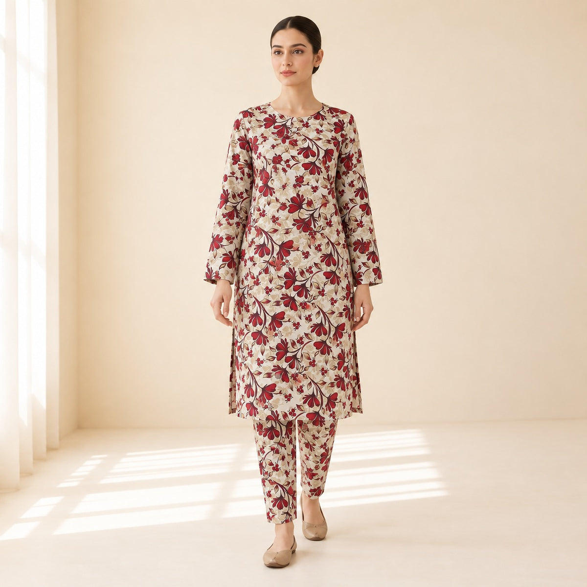 Cream & Burgundy Floral Printed 2-Piece Unstitched Lawn Suit (6 meters unstitched fabric)