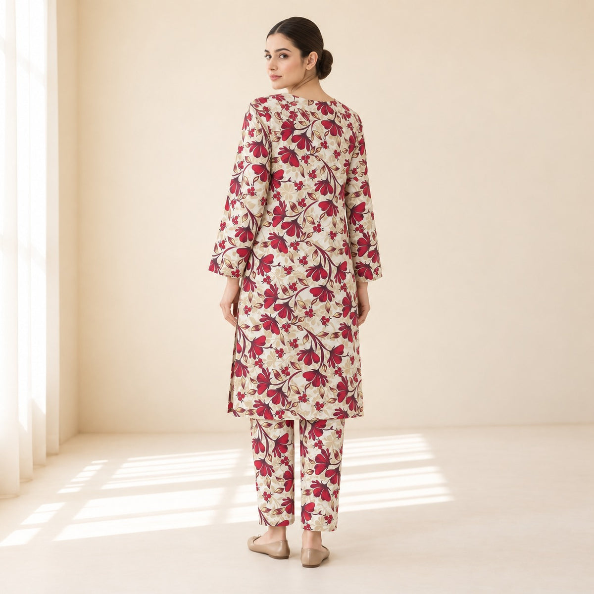Cream & Burgundy Floral Printed 2-Piece Unstitched Lawn Suit (6 meters unstitched fabric)