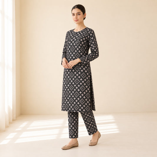 Black & Beige Geometric Printed 2-Piece Unstitched Lawn Suit (6 meters unstitched fabric)