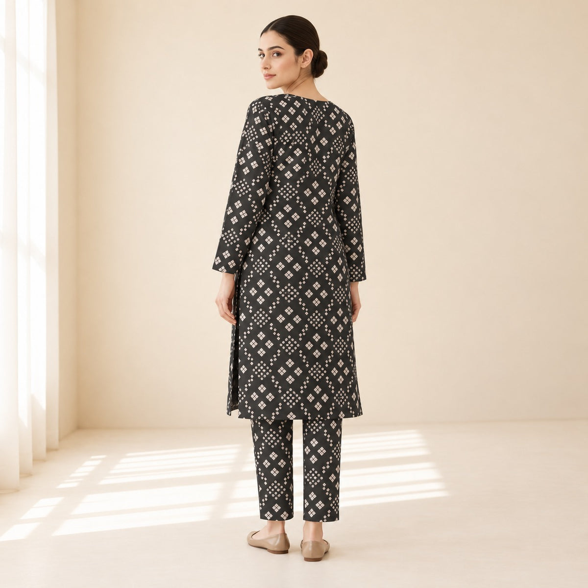 Black & Beige Geometric Printed 2-Piece Unstitched Lawn Suit (6 meters unstitched fabric)