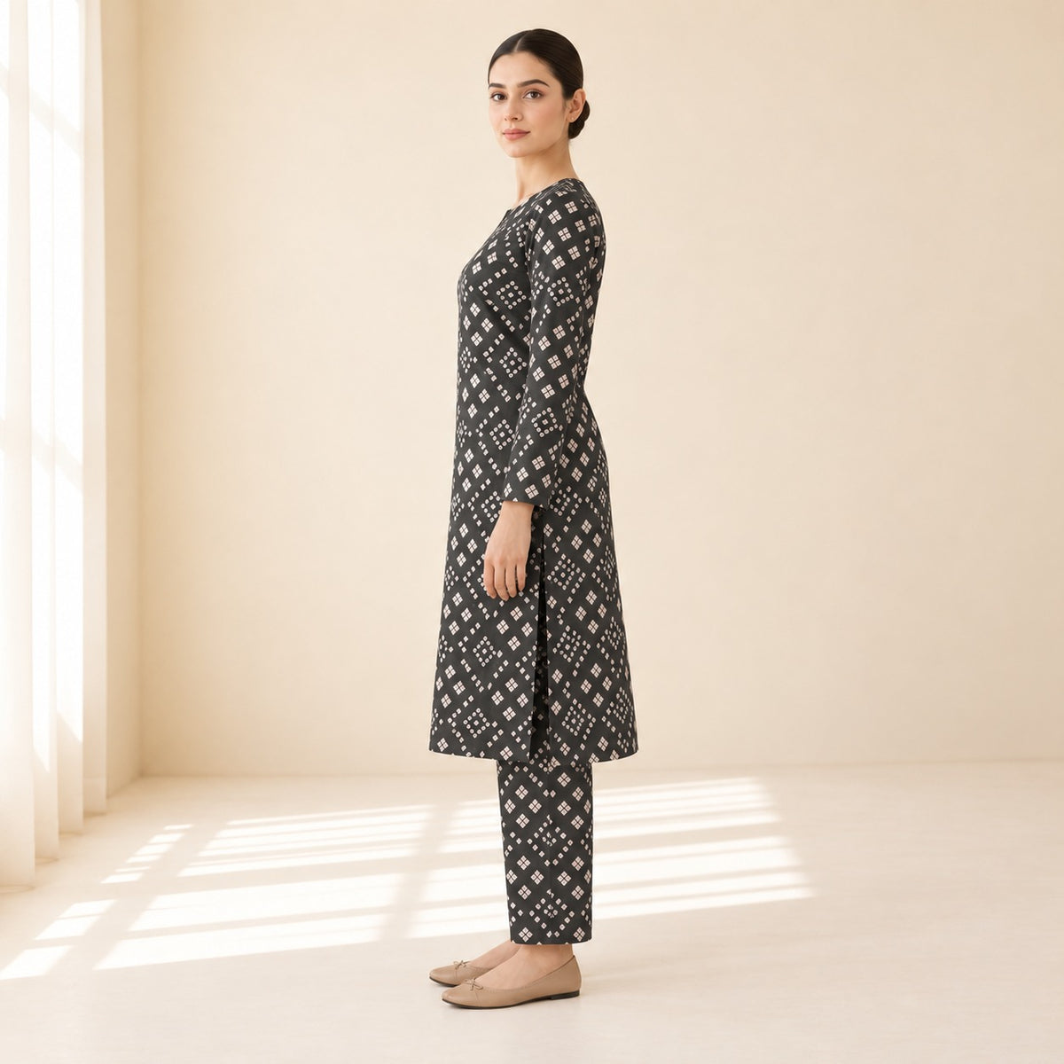 Black & Beige Geometric Printed 2-Piece Unstitched Lawn Suit (6 meters unstitched fabric)