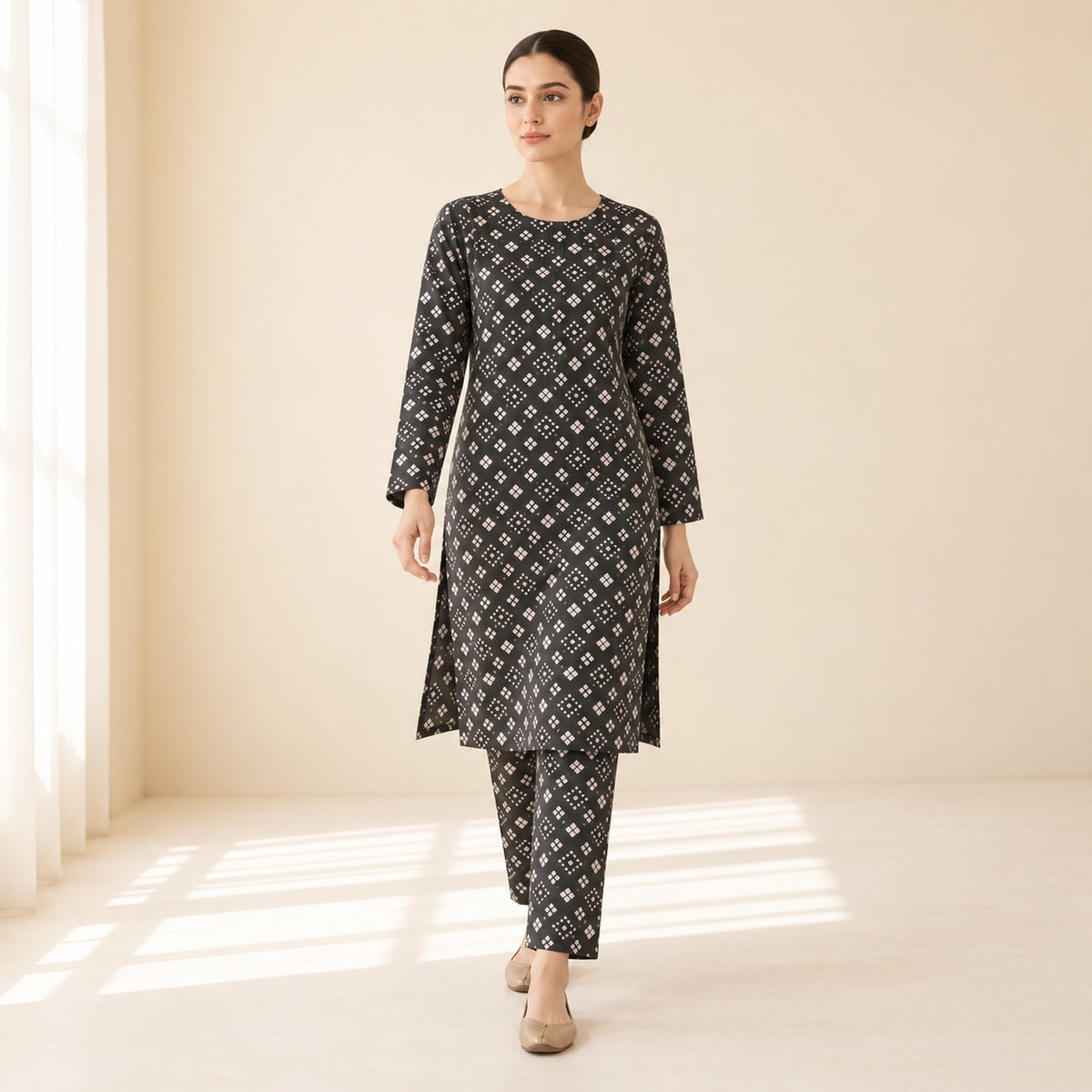 Black & Beige Geometric Printed 2-Piece Unstitched Lawn Suit (6 meters unstitched fabric)
