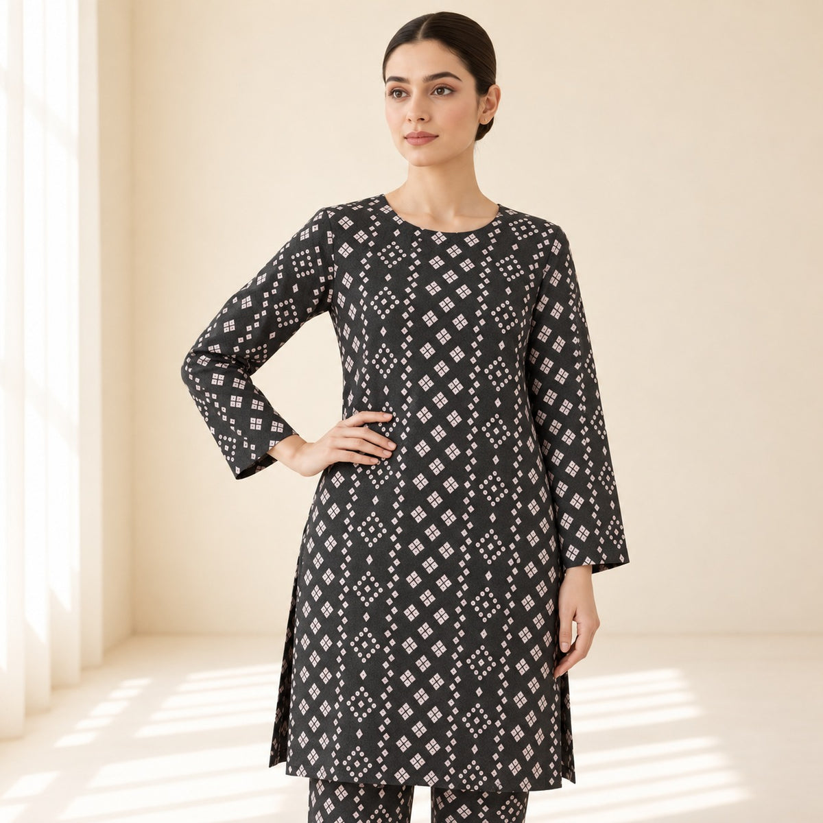Black & Beige Geometric Printed 2-Piece Unstitched Lawn Suit (6 meters unstitched fabric)