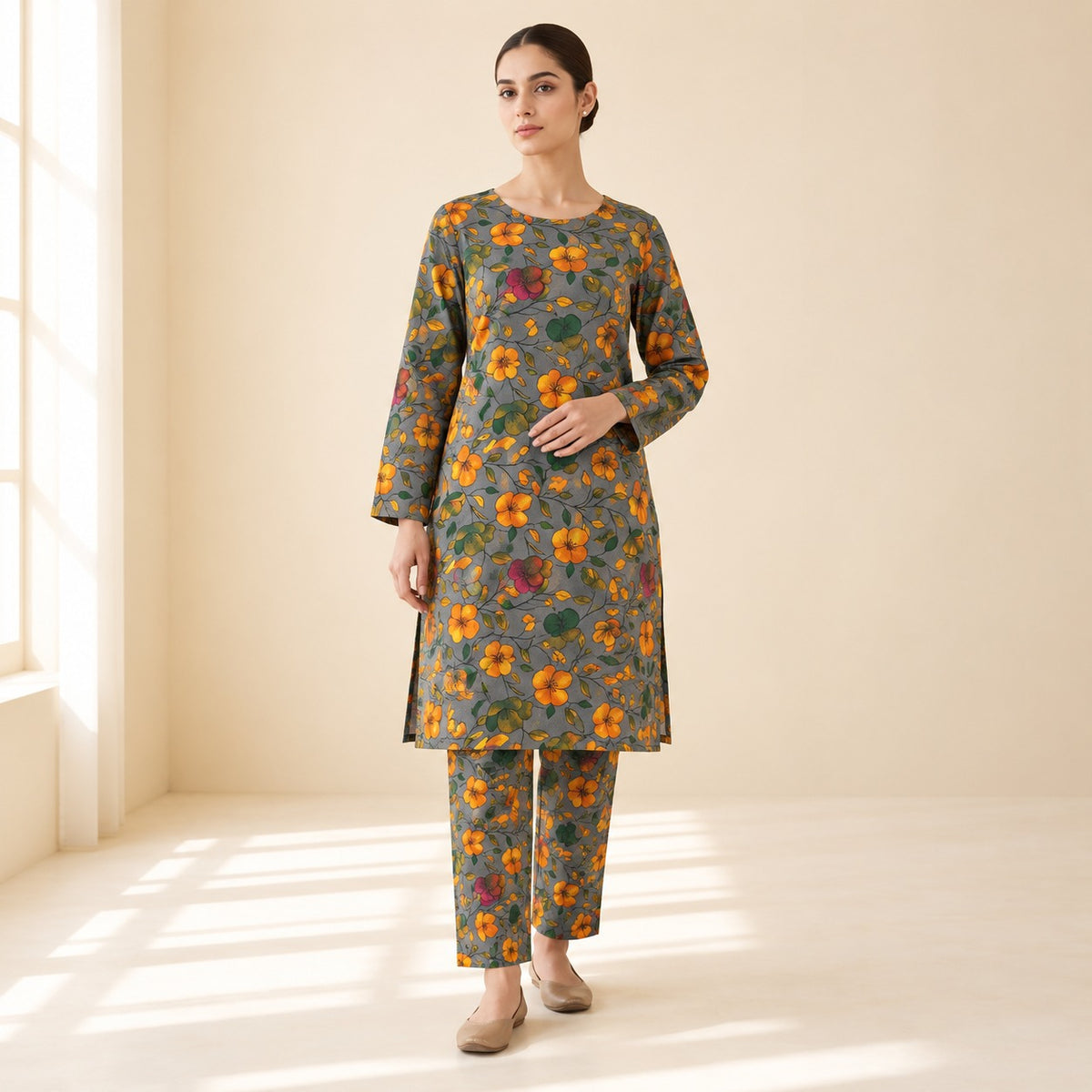Grey Floral Printed 2-Piece Unstitched Lawn Suit by ZIVRA
