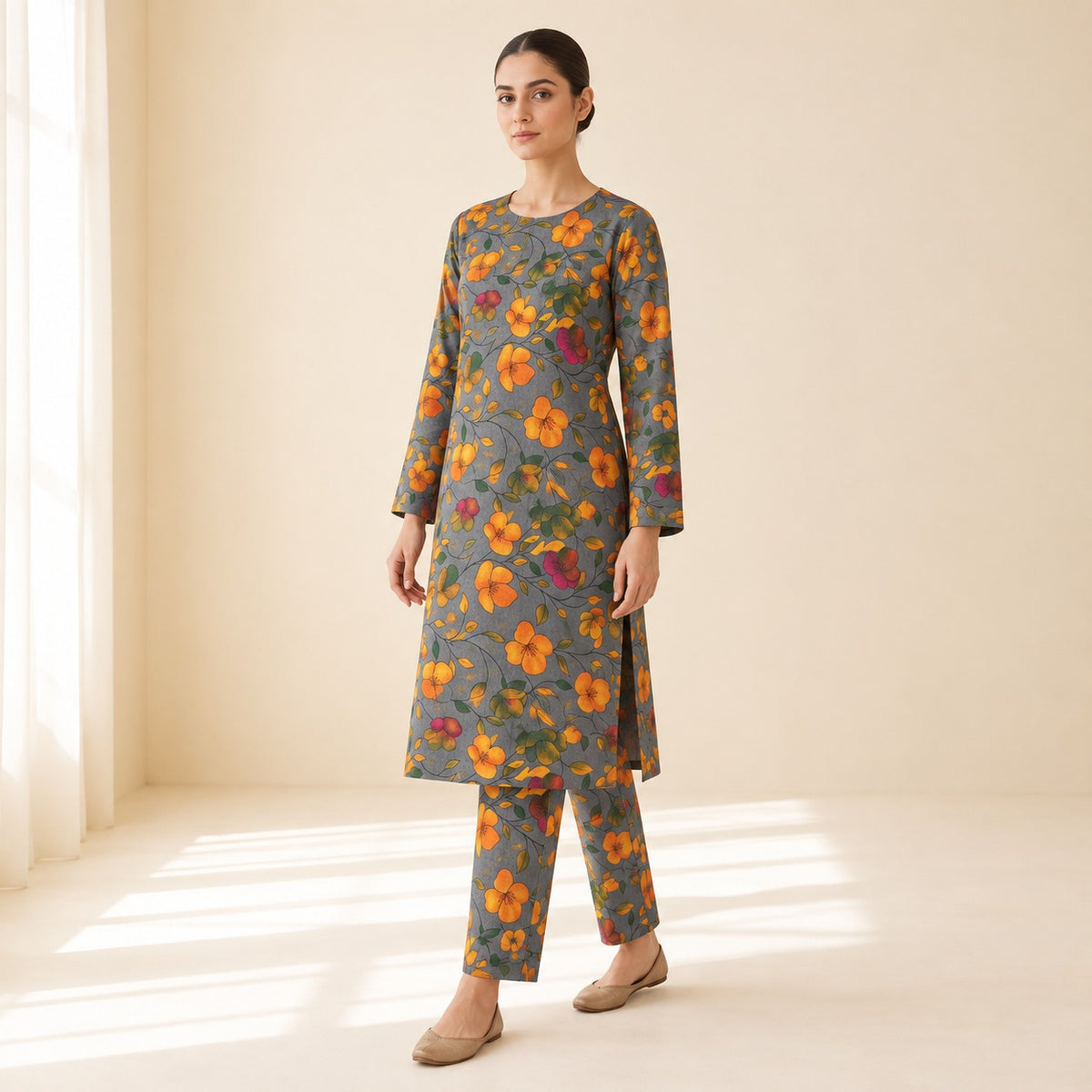 Grey Floral Printed 2-Piece Unstitched Lawn Suit | ZIVRA (6 meters unstitched fabric)