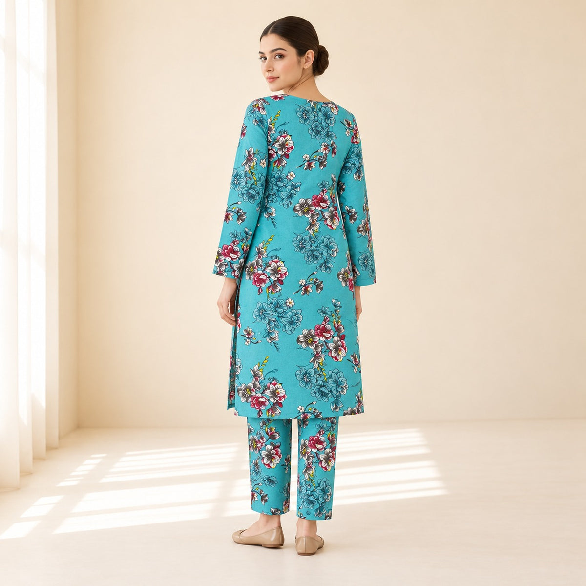 Turquoise Floral Printed 2-Piece Unstitched Lawn Suit (6 meters unstitched fabric)