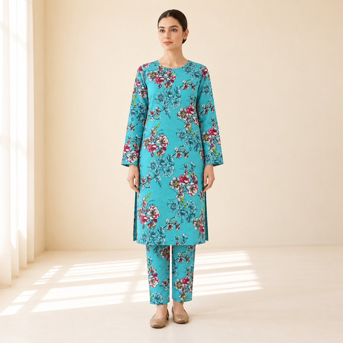 Turquoise Floral Printed 2-Piece Unstitched Lawn Suit (6 meters unstitched fabric)