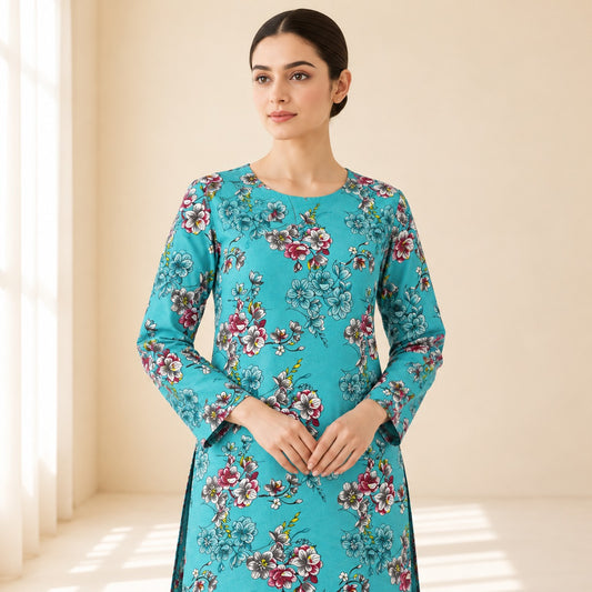 Turquoise Floral Printed 2-Piece Unstitched Lawn Suit (6 meters unstitched fabric)