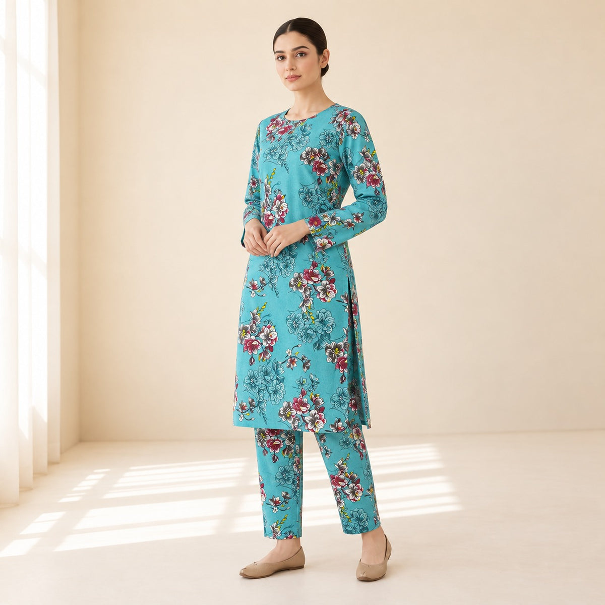 Turquoise Floral Printed 2-Piece Unstitched Lawn Suit (6 meters unstitched fabric)