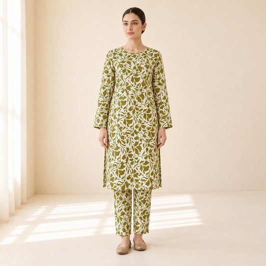 Olive Green & Off-White Floral Printed 2-Piece Unstitched Lawn Suit (6 meters unstitched fabric)