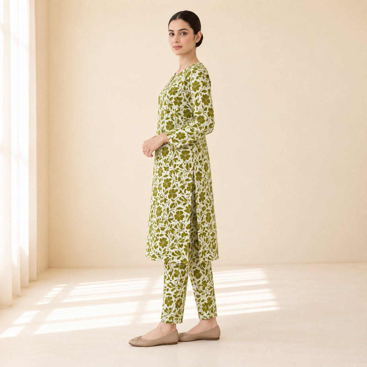 Olive Green & Off-White Floral Printed 2-Piece Unstitched Lawn Suit (6 meters unstitched fabric)