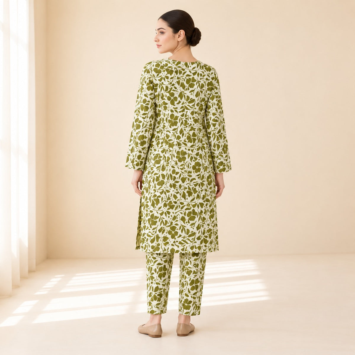 Olive Green & Off-White Floral Printed 2-Piece Unstitched Lawn Suit (6 meters unstitched fabric)