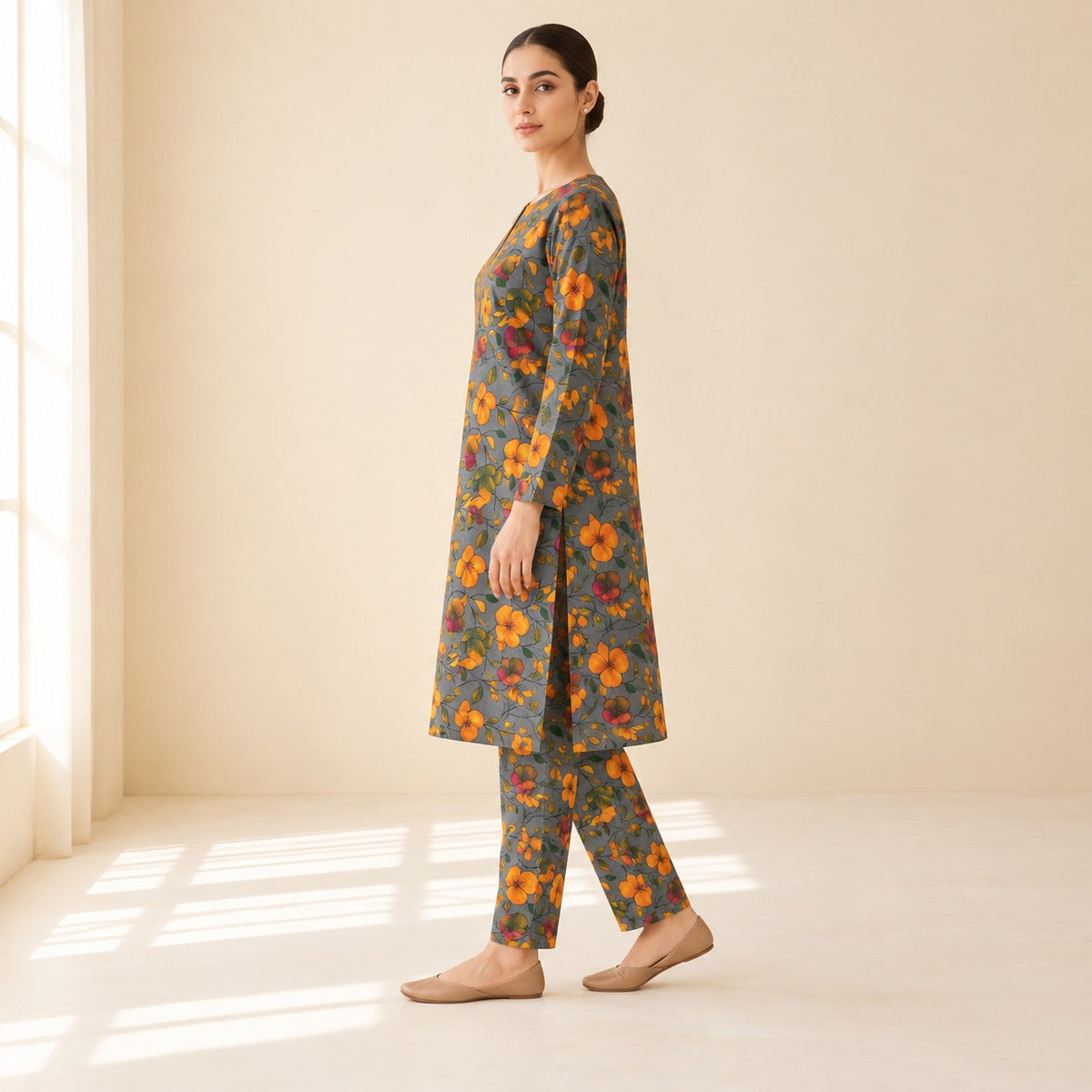 Grey Floral Printed 2-Piece Unstitched Lawn Suit | ZIVRA (6 meters unstitched fabric)