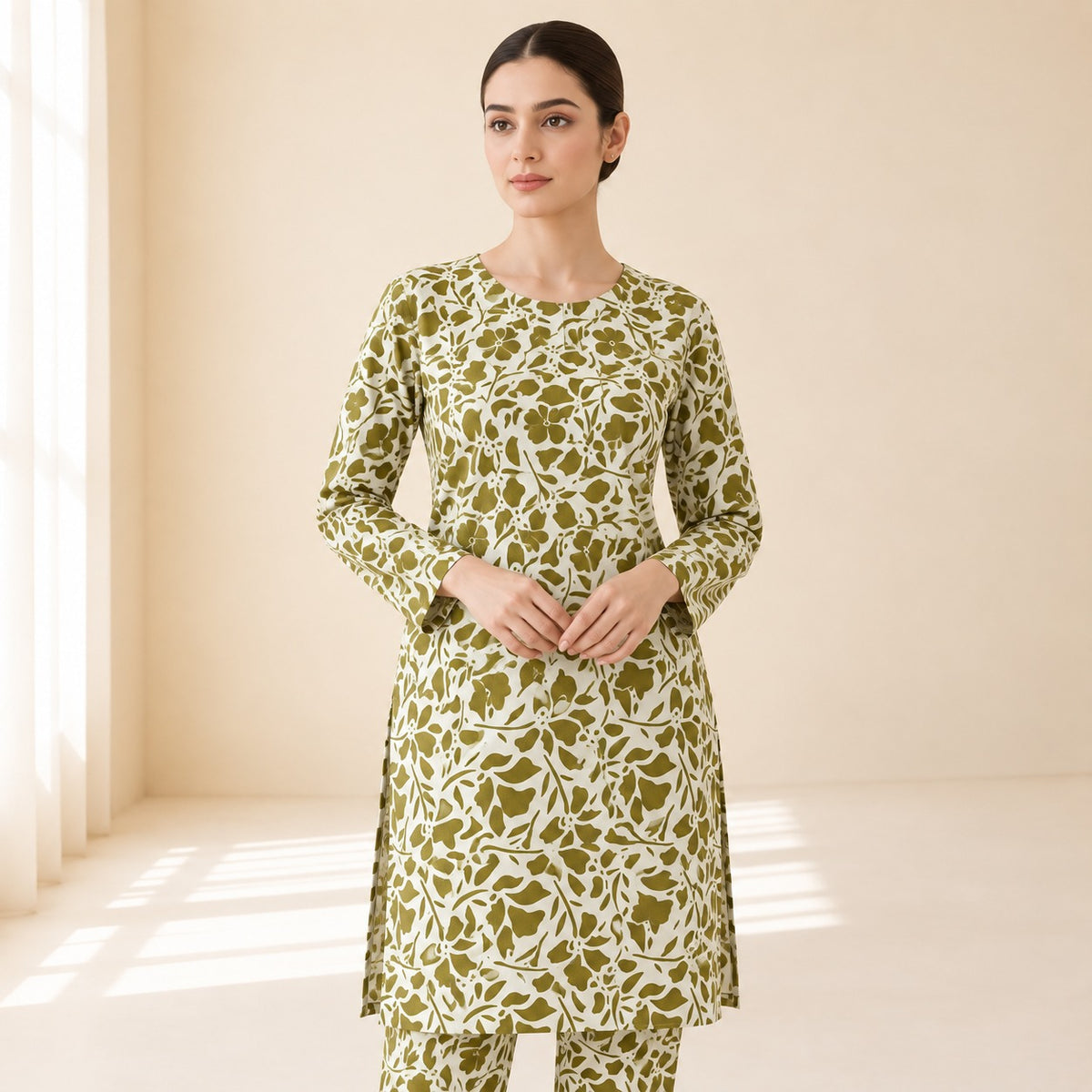 Olive Green & Off-White Floral Printed 2-Piece Unstitched Lawn Suit (6 meters unstitched fabric)