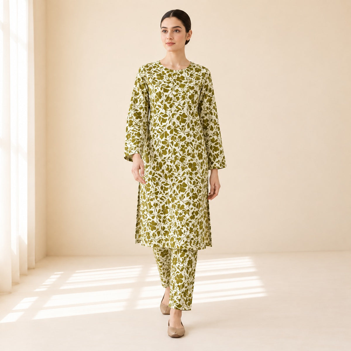 Olive Green & Off-White Floral Printed 2-Piece Unstitched Lawn Suit (6 meters unstitched fabric)