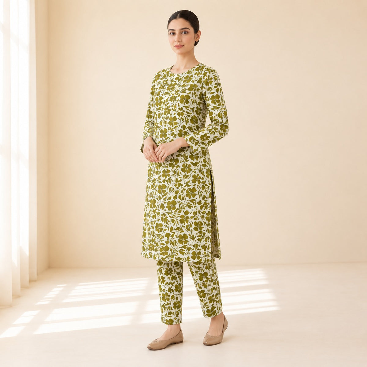Olive Green & Off-White Floral Printed 2-Piece Unstitched Lawn Suit (6 meters unstitched fabric)
