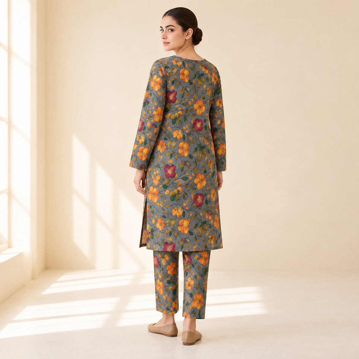 Grey Floral Printed 2-Piece Unstitched Lawn Suit | ZIVRA (6 meters unstitched fabric)