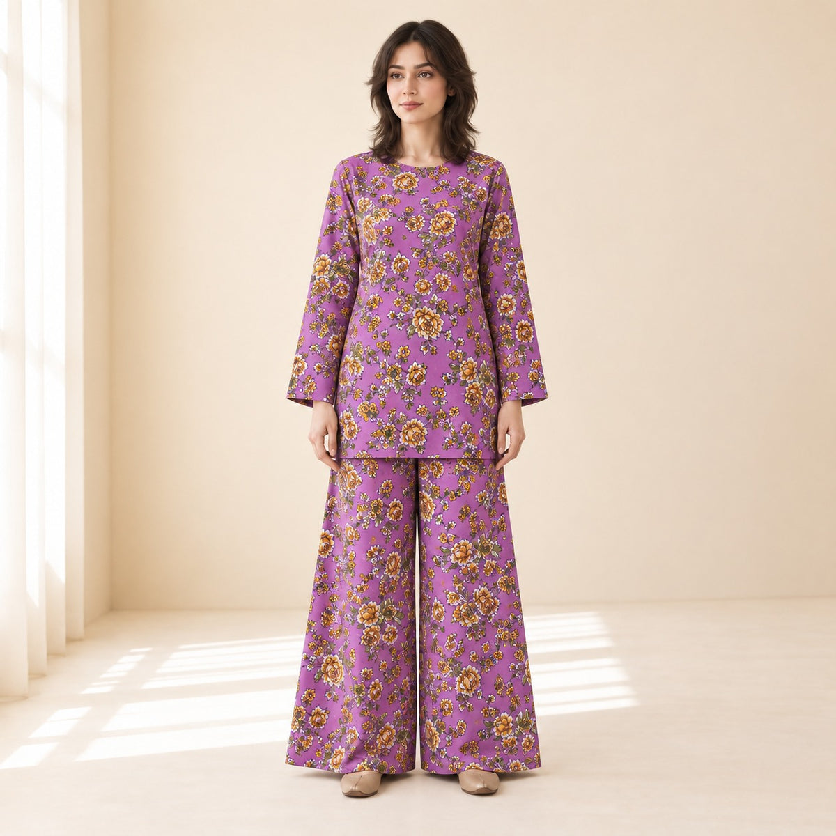 Purple & Mustard Floral Printed 2-Piece Unstitched Lawn Suit (6 meters unstitched fabric)