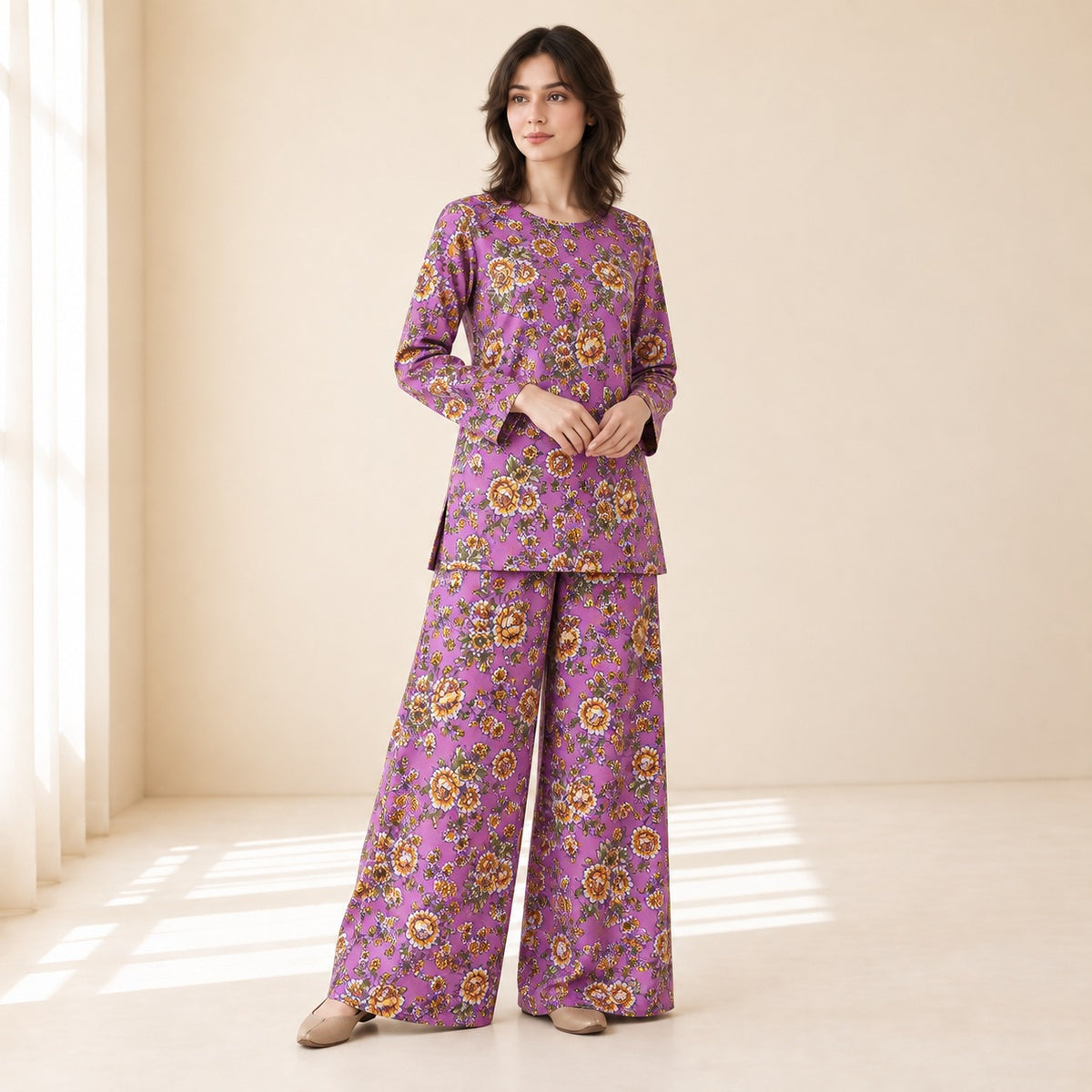 Purple & Mustard Floral Printed 2-Piece Unstitched Lawn Suit (6 meters unstitched fabric)