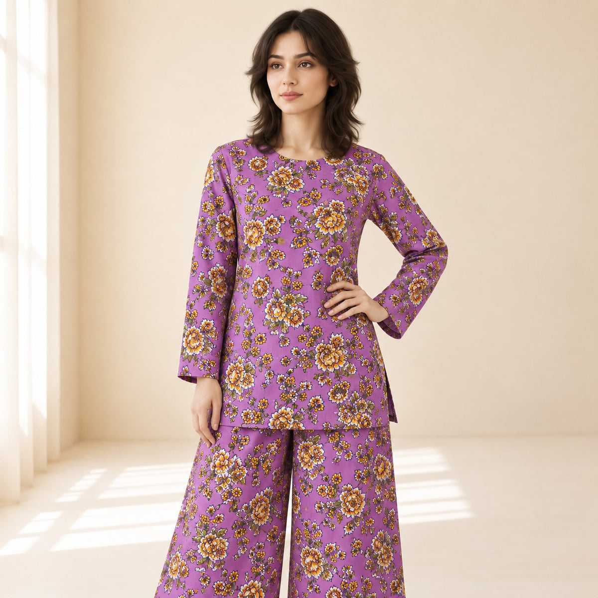 Purple & Mustard Floral Printed 2-Piece Unstitched Lawn Suit (6 meters unstitched fabric)