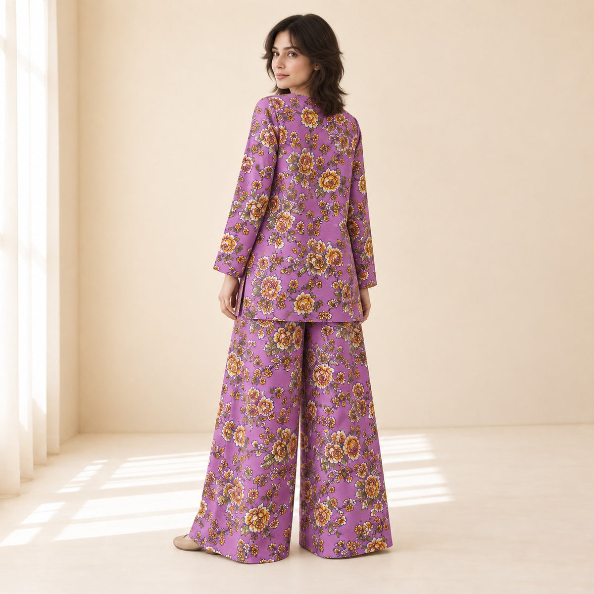 Purple & Mustard Floral Printed 2-Piece Unstitched Lawn Suit (6 meters unstitched fabric)