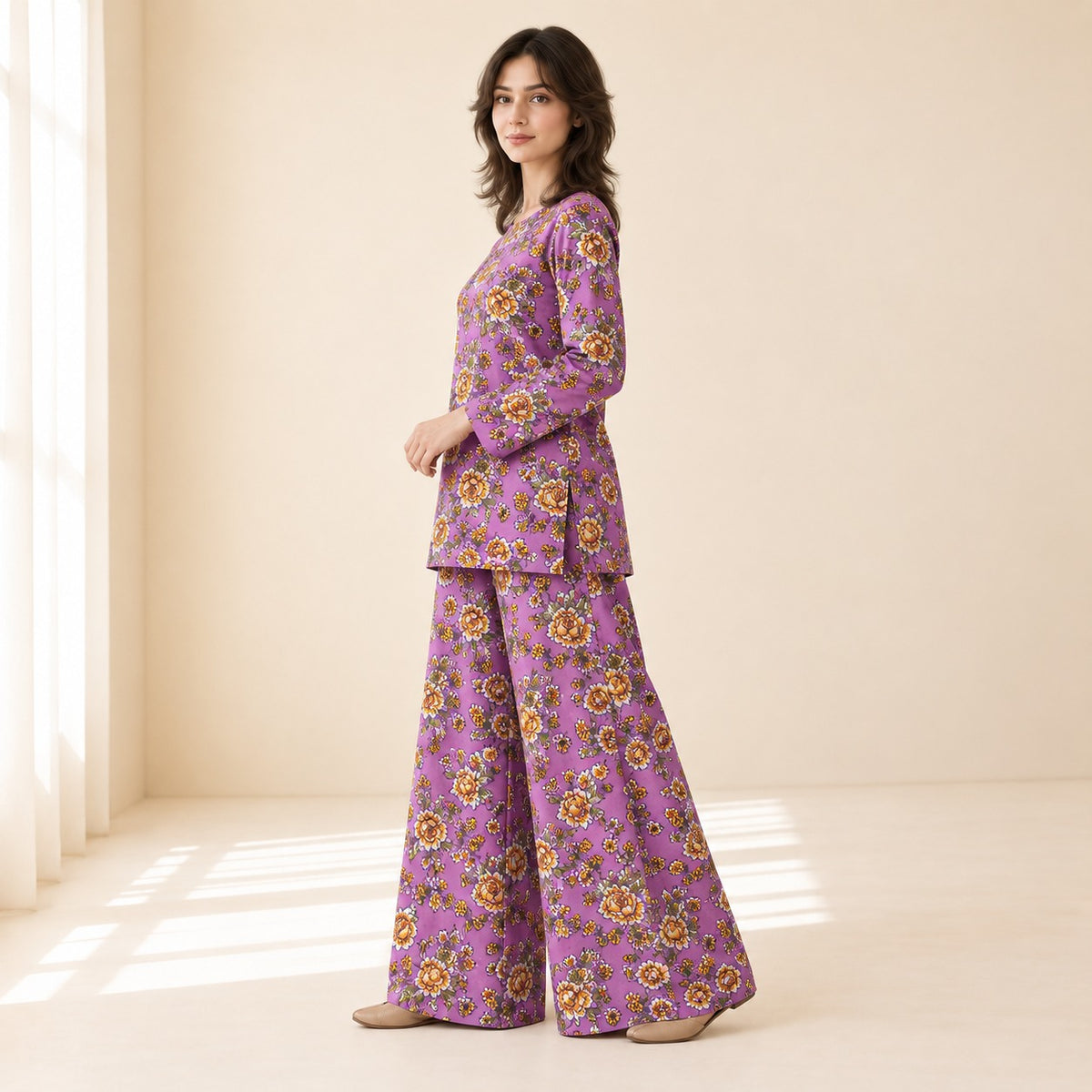 Purple & Mustard Floral Printed 2-Piece Unstitched Lawn Suit (6 meters unstitched fabric)