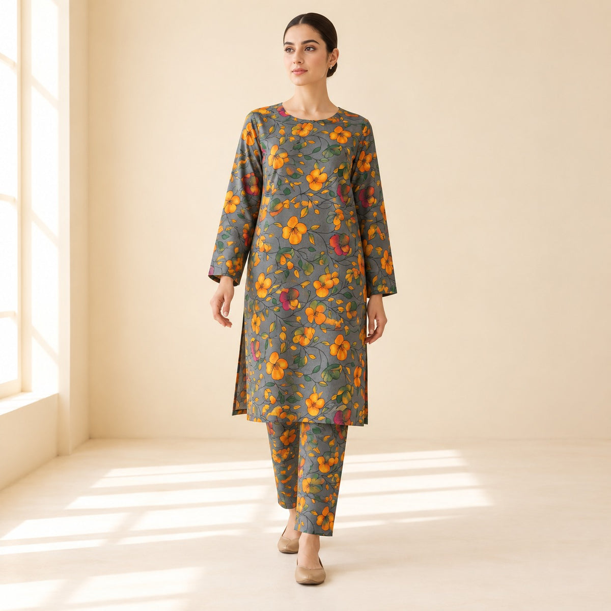 Grey Floral Printed 2-Piece Unstitched Lawn Suit | ZIVRA (6 meters unstitched fabric)