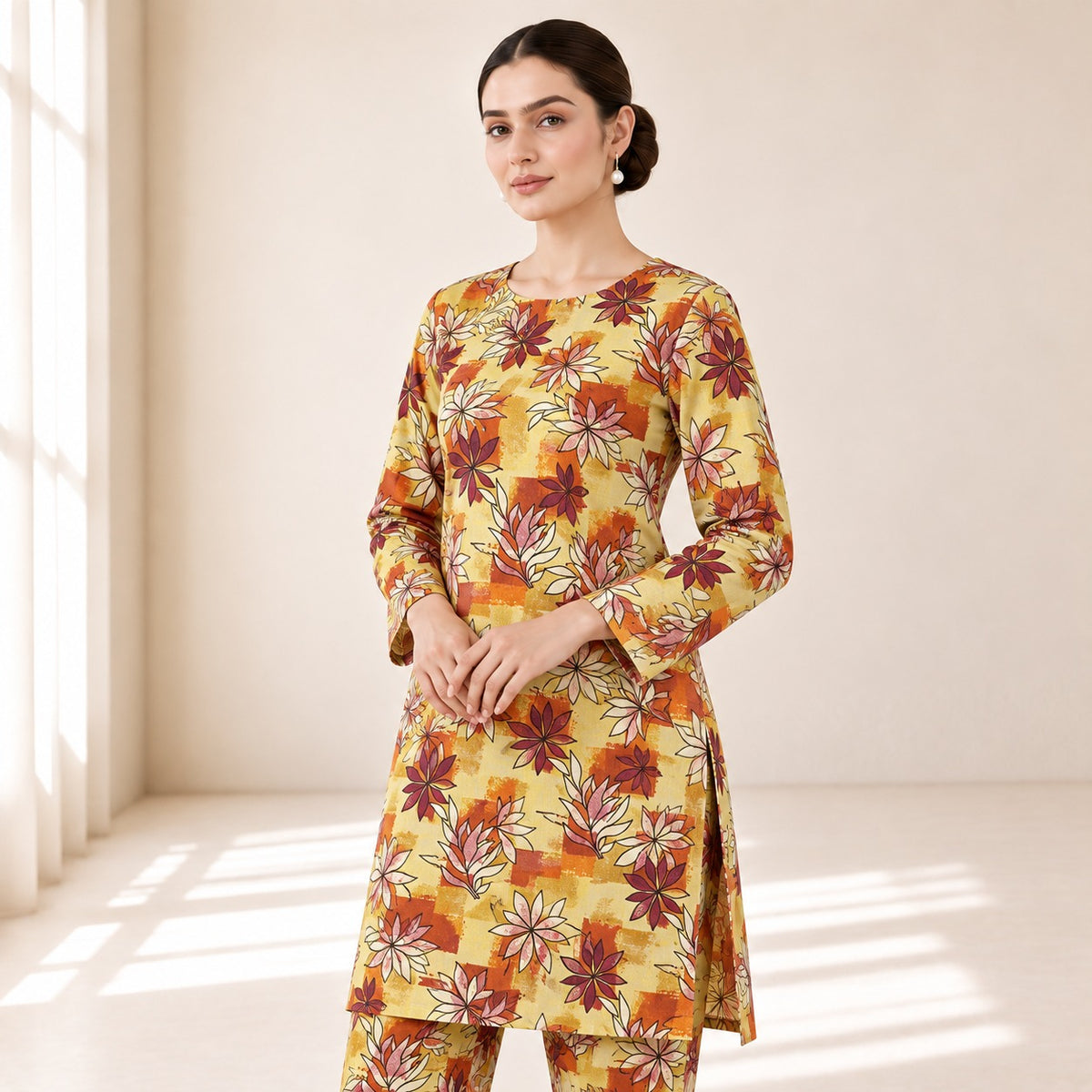 Mustard Yellow & Rust Floral Printed 2-Piece Unstitched Lawn Suit (6 meters unstitched fabric)
