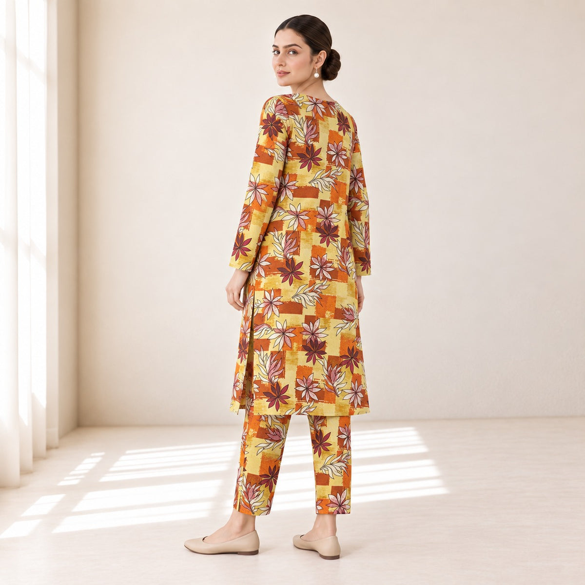 Mustard Yellow & Rust Floral Printed 2-Piece Unstitched Lawn Suit (6 meters unstitched fabric)